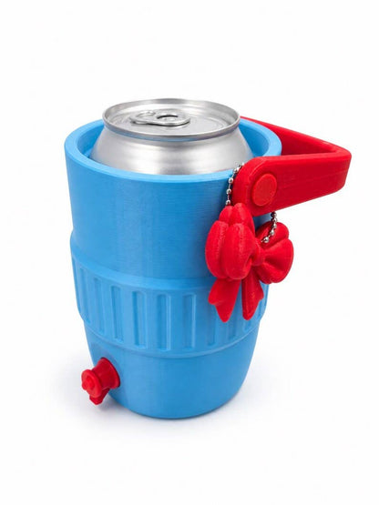 Blue and Red 12 oz Can Cooler with Handle | 3D Printed Drink Holder with Spout | Cute Bow Cup Holder | Portable Beverage Cooler
