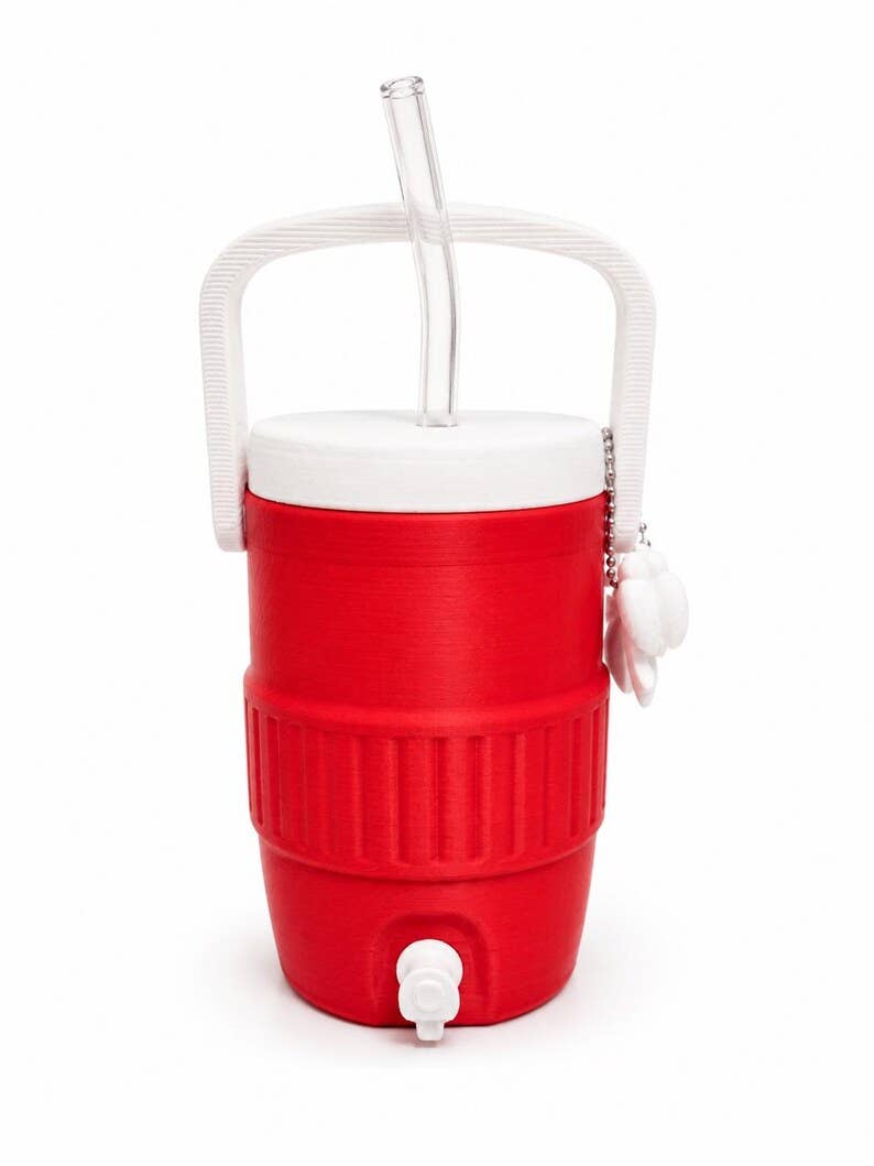 Red and White Mini Drink Dispenser Cup Holder with Spigot | 3D Printed Soda Can Holder | Cute Kawaii Bow Charm Tumbler
