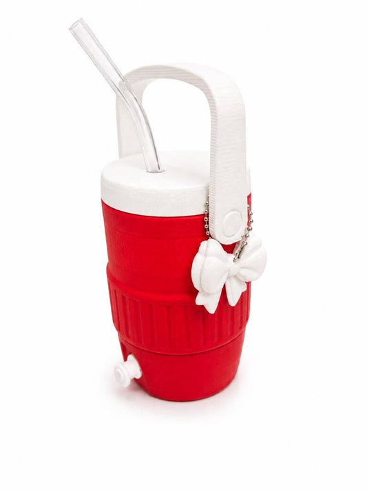 Red and White Mini Drink Dispenser Cup Holder with Spigot | 3D Printed Soda Can Holder | Cute Kawaii Bow Charm Tumbler
